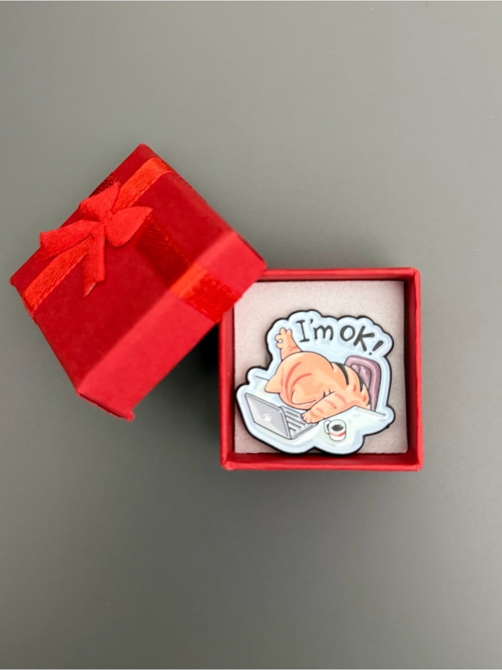 Funny Cat Laptop Enamel Pin “I’m OK!” Cute Meme Brooch Lapel Backpack Badge